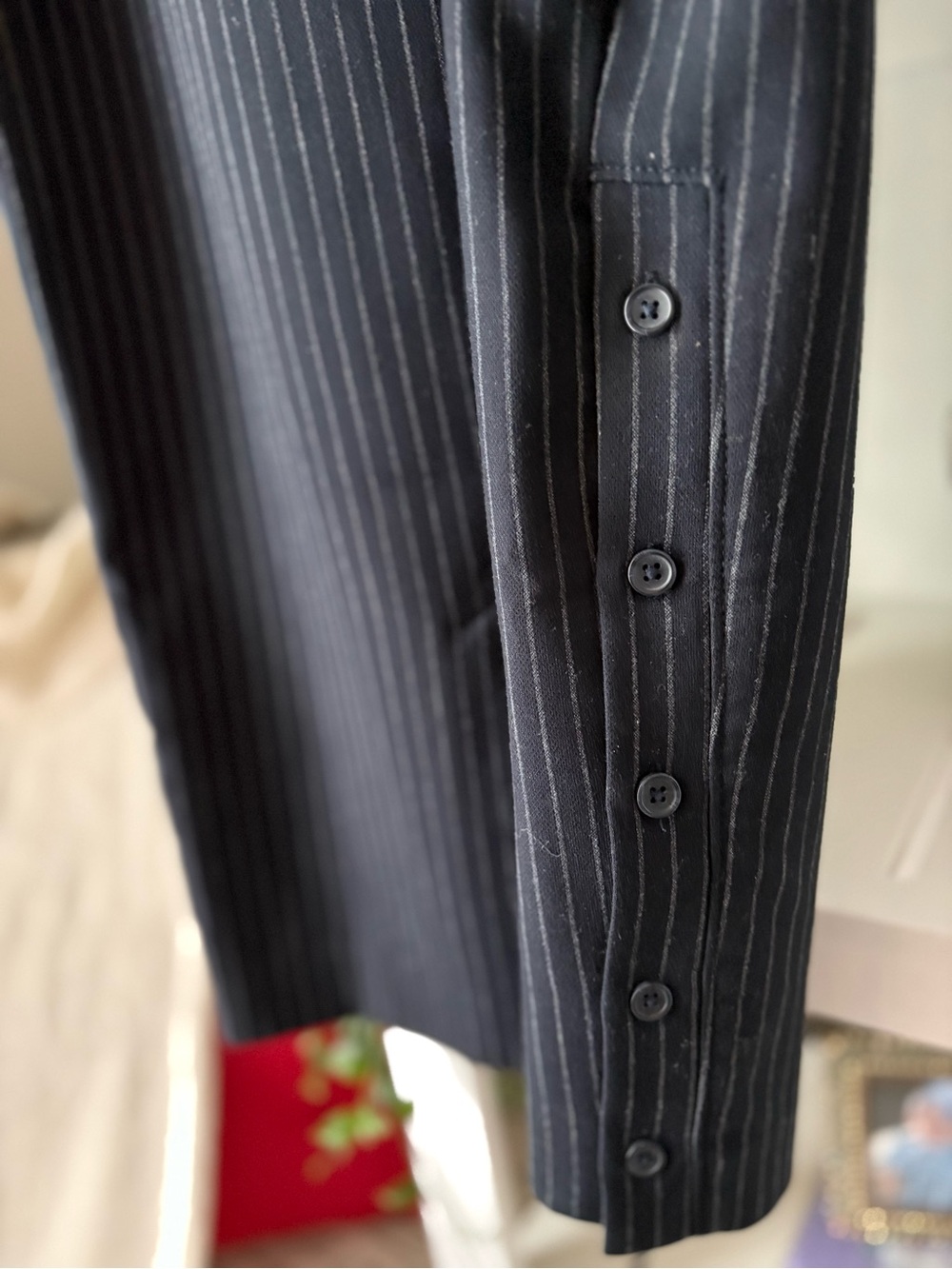 Classic Sleeveless Pinstripe Sheath Dress - Navy - Picture 11 of 13